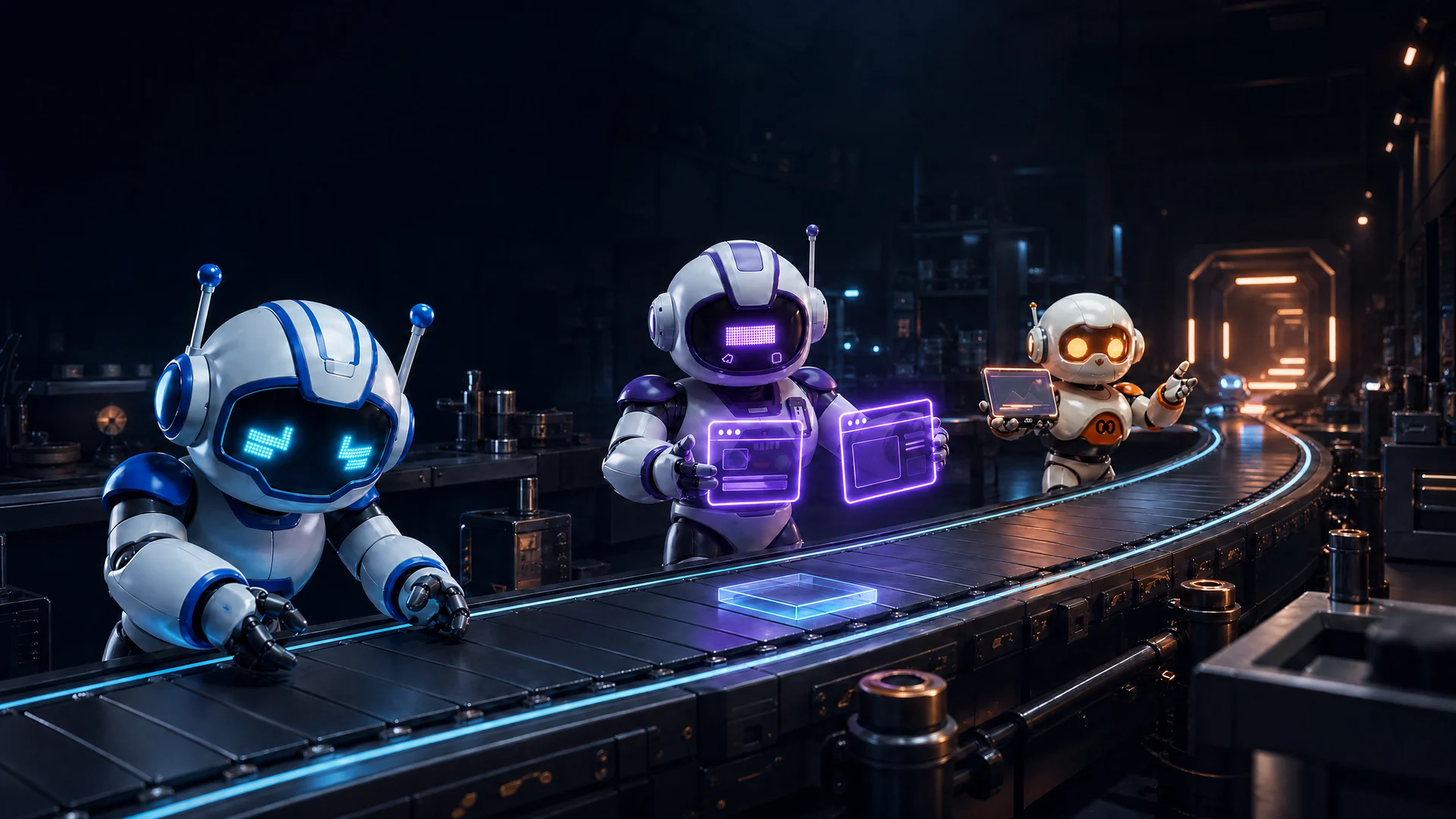 Bits, Bytes and Bots along a glowing conveyor belt. A glass delivery rests in front of Bytes, the purple robot.