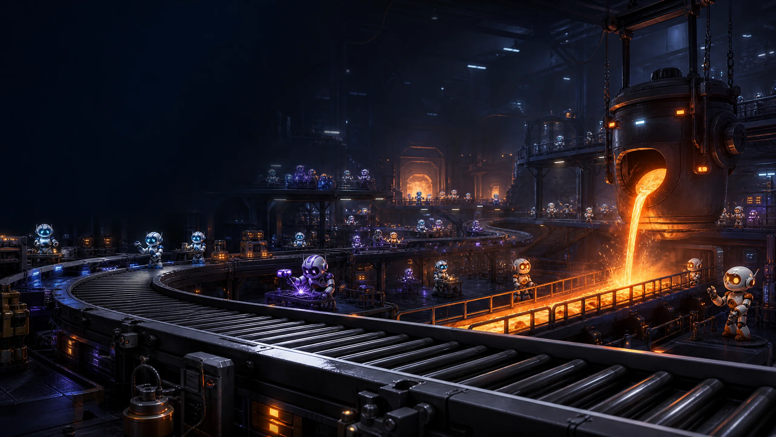 A busy robot foundry with distant crews, conveyors and molten light.