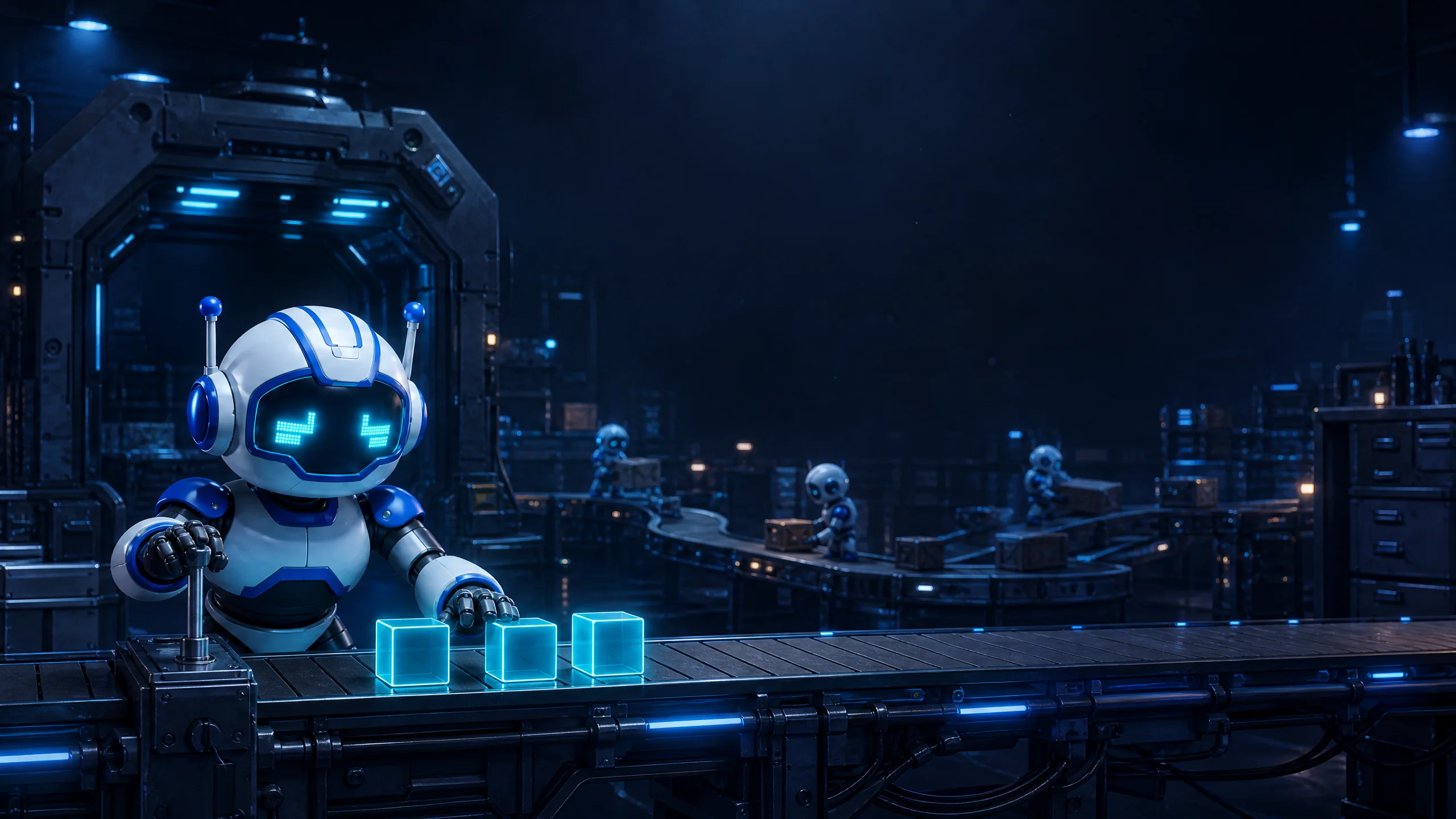 Blue Bots sorting incoming ideas at a conveyor station.